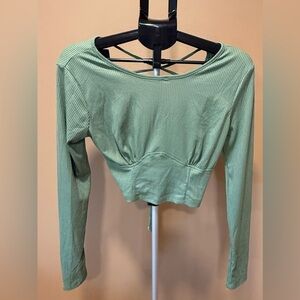 Just Polly Ribbed Sage Green Long Sleeve Lace-Up Back Crop Top NWT XL